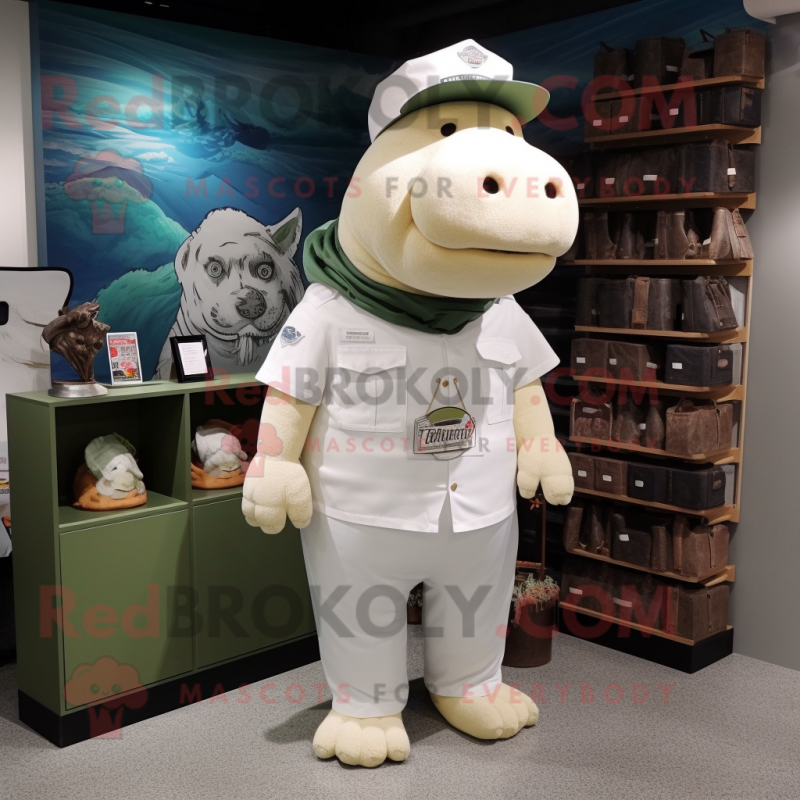 White Hippopotamus mascot costume character dressed with a Cargo Shorts and Hat pins