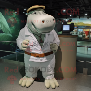 White Hippopotamus mascot costume character dressed with a Cargo Shorts and Hat pins