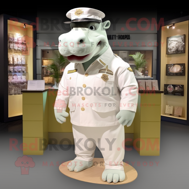 White Hippopotamus mascot costume character dressed with a Cargo Shorts and Hat pins