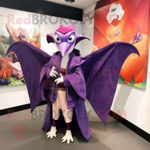 Purple Pterodactyl mascot costume character dressed with a Coat and Tote bags