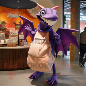 Purple Pterodactyl mascot costume character dressed with a Coat and Tote bags