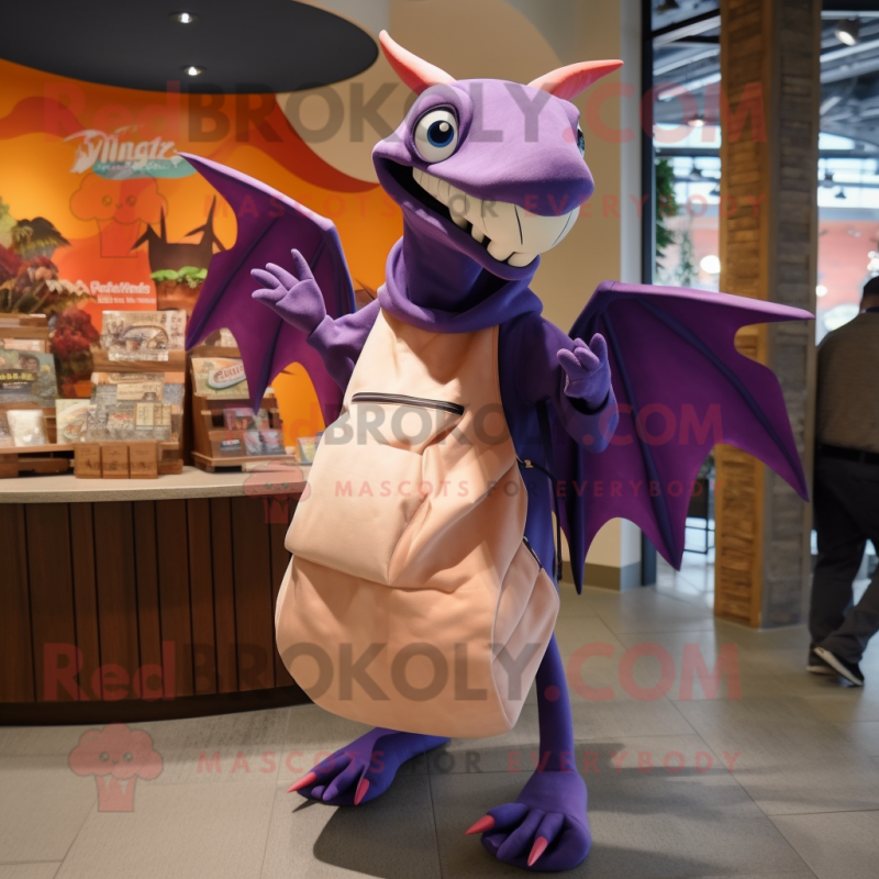 Purple Pterodactyl mascot costume character dressed with a Coat and Tote bags Purple Pterodactyl mascot costume character dressed with a Coat and Tote bags