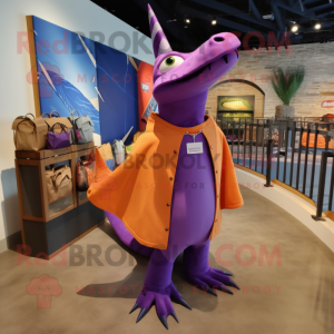 Purple Pterodactyl mascot costume character dressed with a Coat and Tote bags