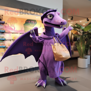 Purple Pterodactyl mascot costume character dressed with a Coat and Tote bags