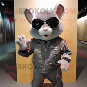 Gray Chinchilla mascot costume character dressed with a Biker Jacket and Sunglasses