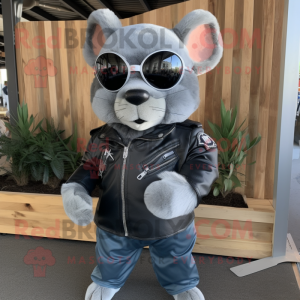Gray Chinchilla mascot costume character dressed with a Biker Jacket and Sunglasses
