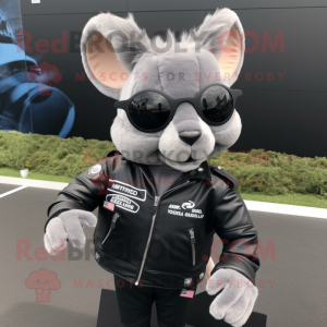 Gray Chinchilla mascot costume character dressed with a Biker Jacket and Sunglasses