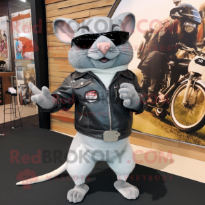 Gray Chinchilla mascot costume character dressed with a Biker Jacket and Sunglasses