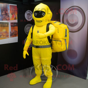 Lemon Yellow Commando mascot costume character dressed with a Long Sleeve Tee and Messenger bags