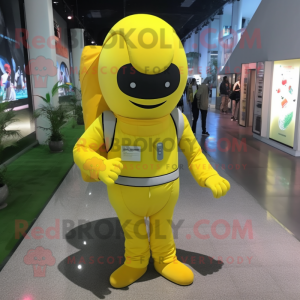 Lemon Yellow Commando mascot costume character dressed with a Long Sleeve Tee and Messenger bags