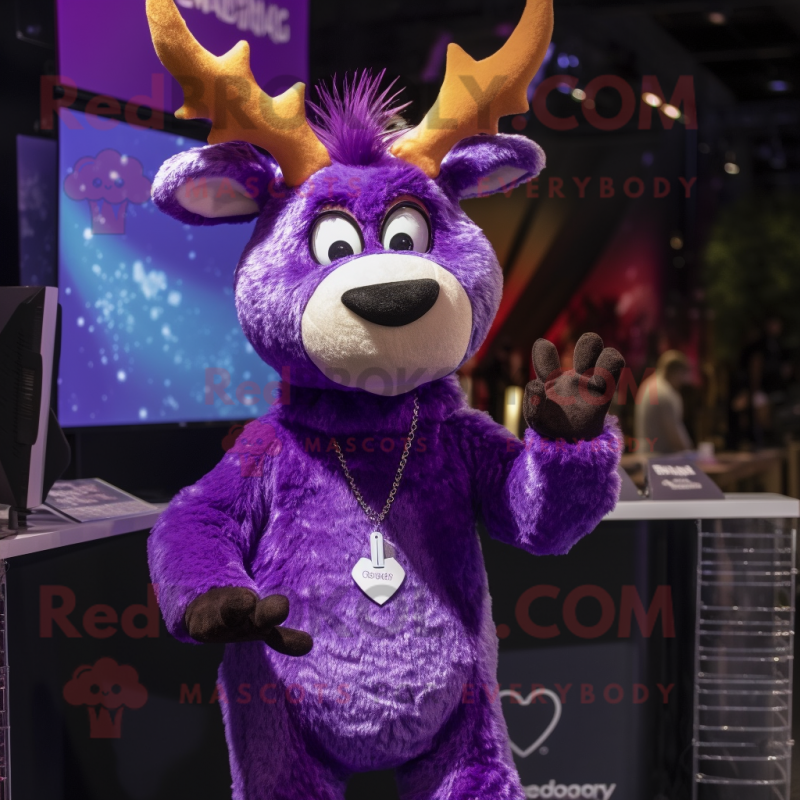 Purple Reindeer mascot costume character dressed with a Graphic Tee and Earrings Purple Reindeer mascot costume character dressed with a Graphic Tee and Earrings