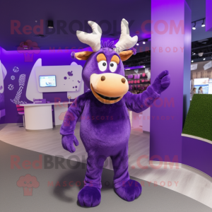 Purple Reindeer mascot costume character dressed with a Graphic Tee and Earrings