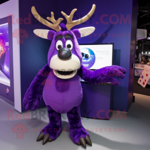 Purple Reindeer mascot costume character dressed with a Graphic Tee and Earrings