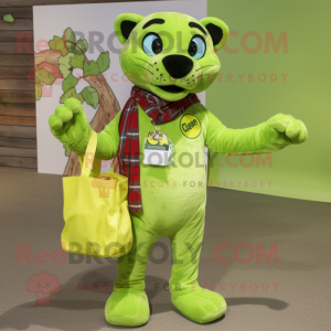 Lime Green Panther mascot costume character dressed with a Flannel Shirt and Tote bags