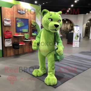 Lime Green Panther mascot costume character dressed with a Flannel Shirt and Tote bags