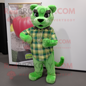 Lime Green Panther mascot costume character dressed with a Flannel Shirt and Tote bags