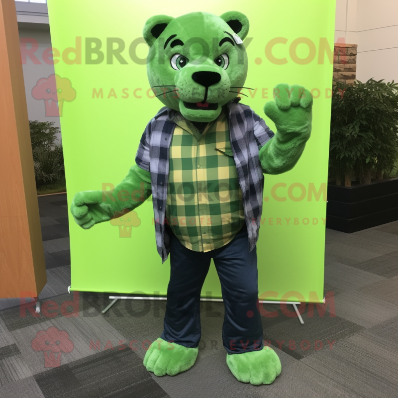 Lime Green Panther mascot costume character dressed with a Flannel Shirt and Tote bags