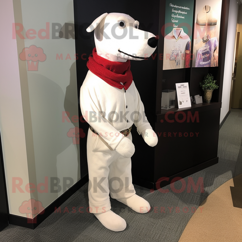 White Dog mascot costume character dressed with a Sweater and Pocket squares