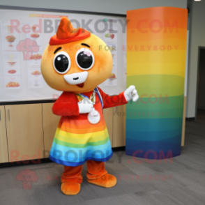 Orange Rainbow mascot costume character dressed with a Dress Shirt and Keychains