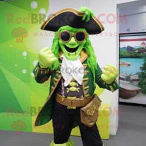 Lime Green Pirate mascot costume character dressed with a Swimwear and Rings