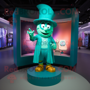 Teal Leprechaun Hat mascot costume character dressed with a T-Shirt and Rings