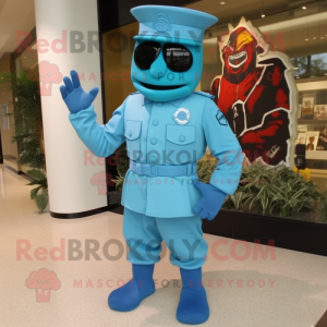 Cyan Marine Recon mascot costume character dressed with a Dress and Shoe clips