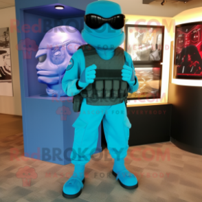 Cyan Marine Recon mascot costume character dressed with a Dress and Shoe clips