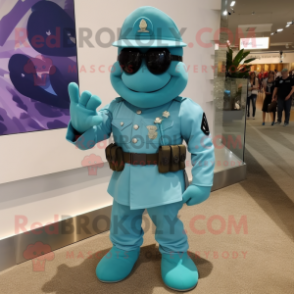 Cyan Marine Recon mascot costume character dressed with a Dress and Shoe clips