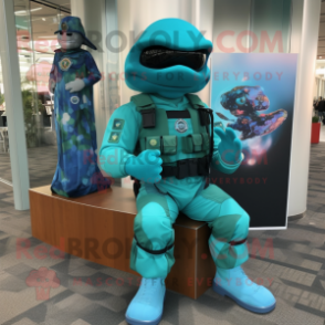 Cyan Marine Recon mascot costume character dressed with a Dress and Shoe clips