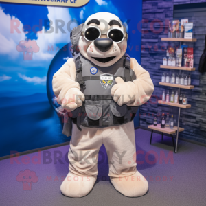 Navy Seal mascot costume character dressed with a Sweatshirt and Backpacks
