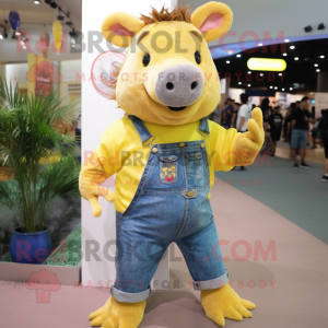 Yellow Wild Boar mascot costume character dressed with a Boyfriend Jeans and Necklaces