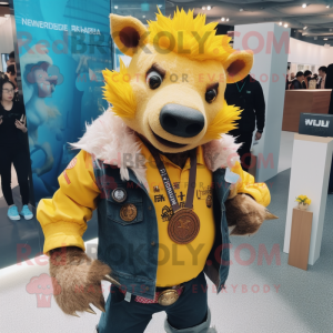Yellow Wild Boar mascot costume character dressed with a Boyfriend Jeans and Necklaces