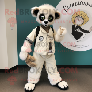 Cream Lemur mascot costume character dressed with a Henley Tee and Watches