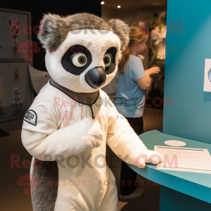 Cream Lemur mascot costume character dressed with a Henley Tee and Watches