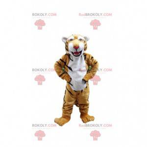 Yellow and white tiger mascot, feline costume, ferocious animal