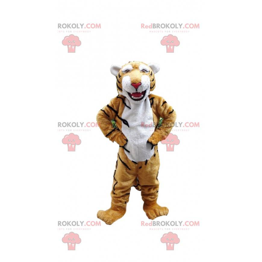 Yellow and white tiger mascot, feline costume, ferocious animal