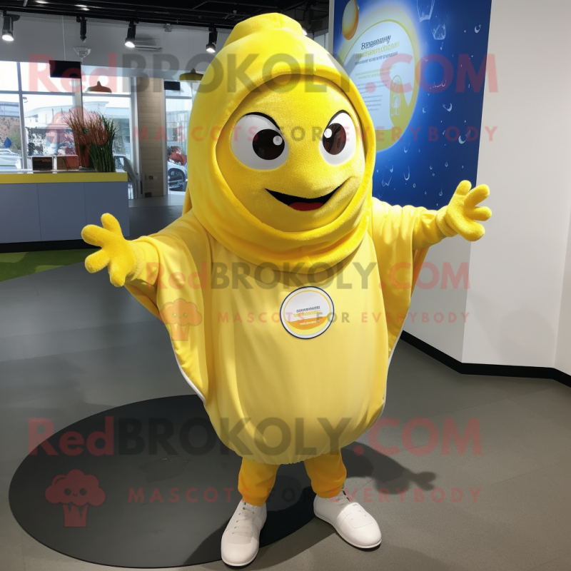 Lemon Yellow Gyro mascot costume character dressed with a Sweatshirt and Keychains