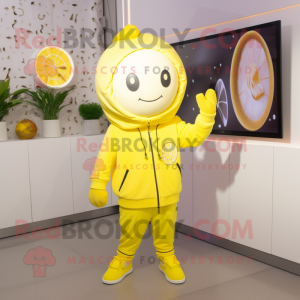 Lemon Yellow Gyro mascot costume character dressed with a Sweatshirt and Keychains