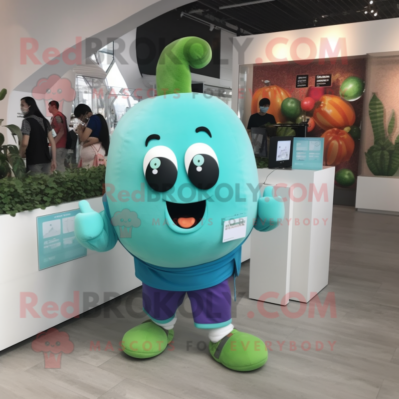 Cyan Turnip mascot costume character dressed with a T-Shirt and Bracelet watches Cyan Turnip mascot costume character dressed with a T-Shirt and Bracelet watches