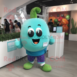 Cyan Turnip mascot costume character dressed with a T-Shirt and Bracelet watches