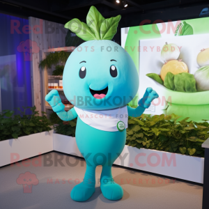 Cyan Turnip mascot costume character dressed with a T-Shirt and Bracelet watches
