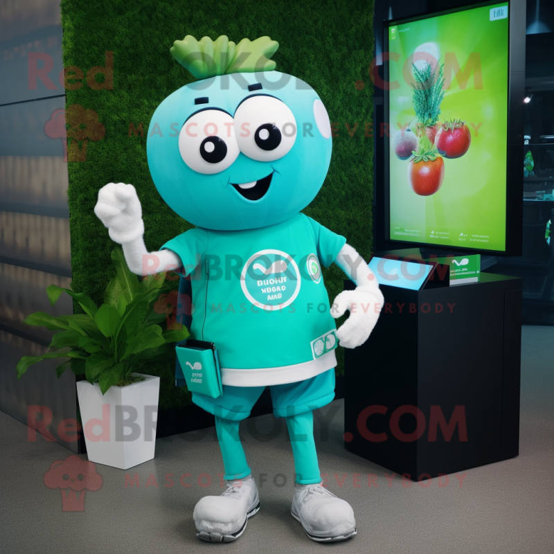 Cyan Turnip mascot costume character dressed with a T-Shirt and Bracelet watches