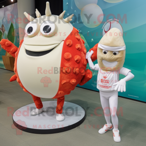 Cream Crab Cakes mascot costume character dressed with a Yoga Pants and Handbags