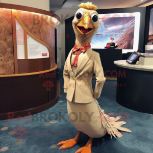 Tan Pheasant mascot costume character dressed with a Shift Dress and Lapel pins