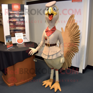 Tan Pheasant mascot costume character dressed with a Shift Dress and Lapel pins