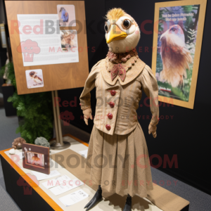 Tan Pheasant mascot costume character dressed with a Shift Dress and Lapel pins