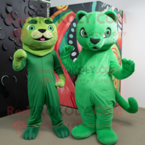 Green Jaguarundi mascot costume character dressed with a Jumpsuit and Wraps