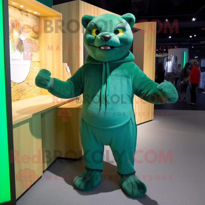 Green Jaguarundi mascot costume character dressed with a Jumpsuit and Wraps Green Jaguarundi mascot costume character dressed with a Jumpsuit and Wraps