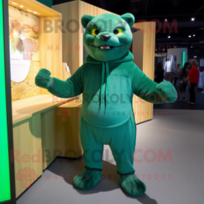 Green Jaguarundi mascot costume character dressed with a Jumpsuit and Wraps