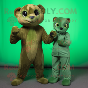 Green Jaguarundi mascot costume character dressed with a Jumpsuit and Wraps